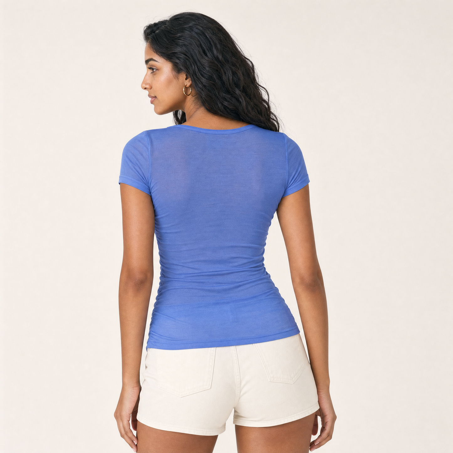 Women's Blue Letter Print V-Neck Rhinestone Casual Street Style Summer T-Shirt — back view on model