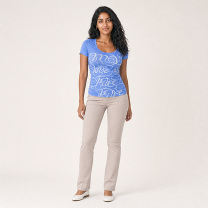 Women's Blue Letter Print V-Neck Rhinestone Casual Street Style Summer T-Shirt — full-body fit