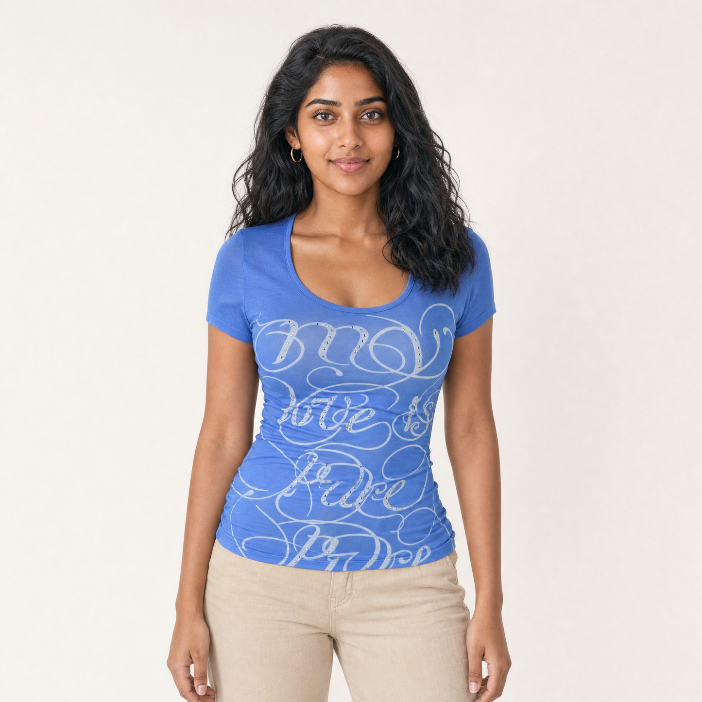 Women's Blue Letter Print V-Neck Rhinestone Casual Street Style Summer T-Shirt — front view on model