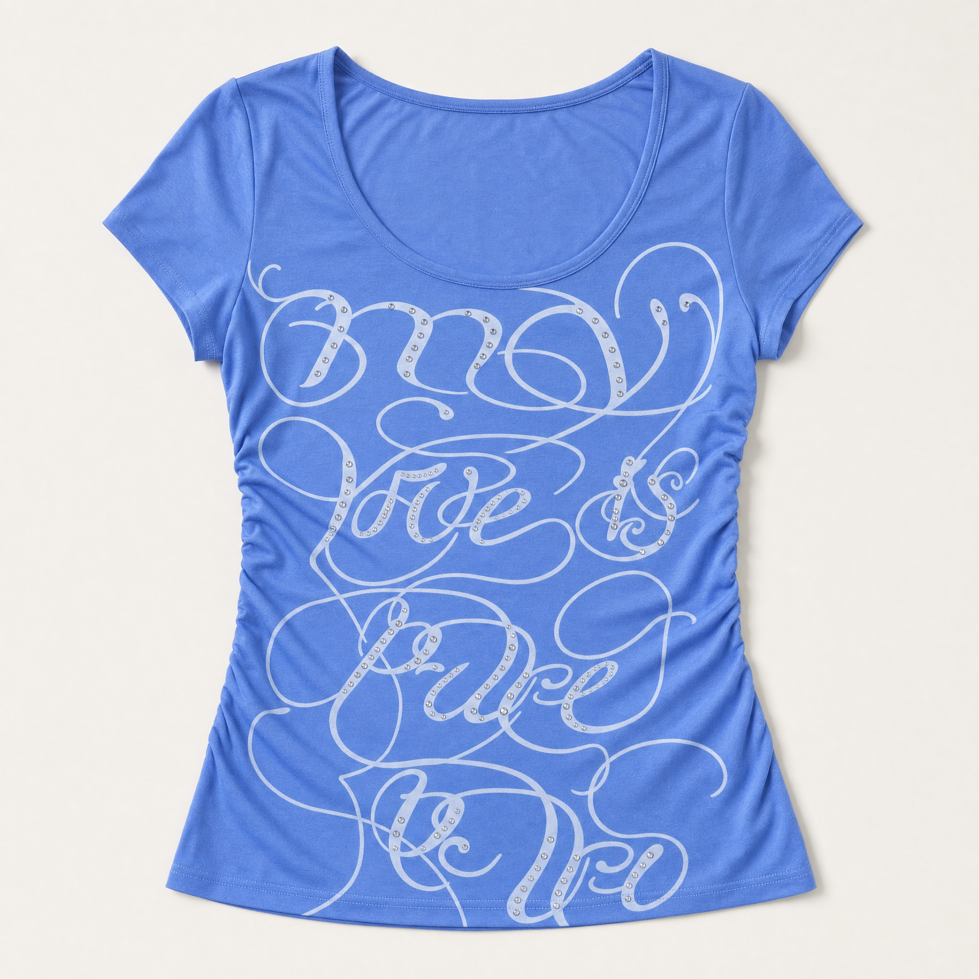 Women's Blue Letter Print V-Neck Rhinestone Casual Street Style Summer T-Shirt — product photo