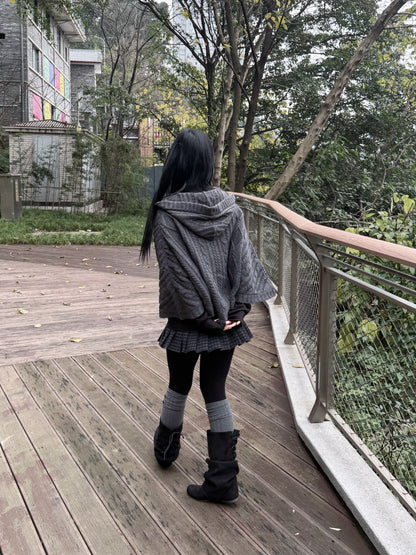 Vintage Knit Hooded Batwing Cape Sweater
