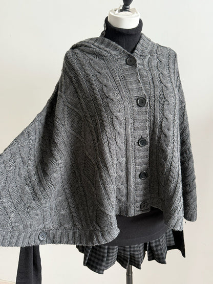 Vintage Knit Hooded Batwing Cape Sweater