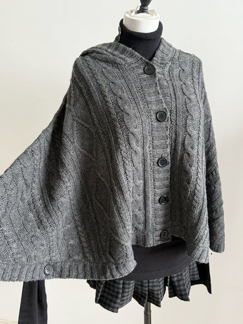 Vintage Knit Hooded Batwing Cape Sweater