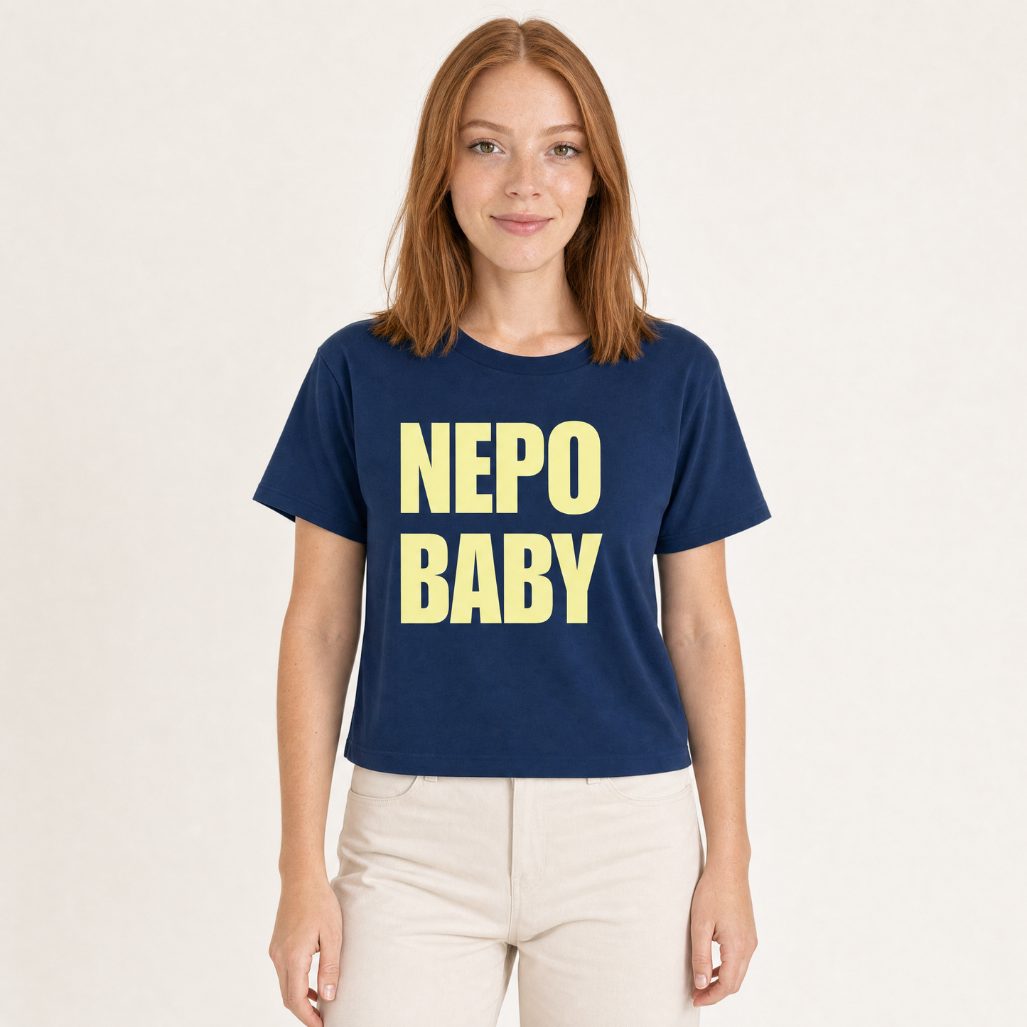 Nepo Baby Baby Tee — Nepo Baby - Navy — front view on model