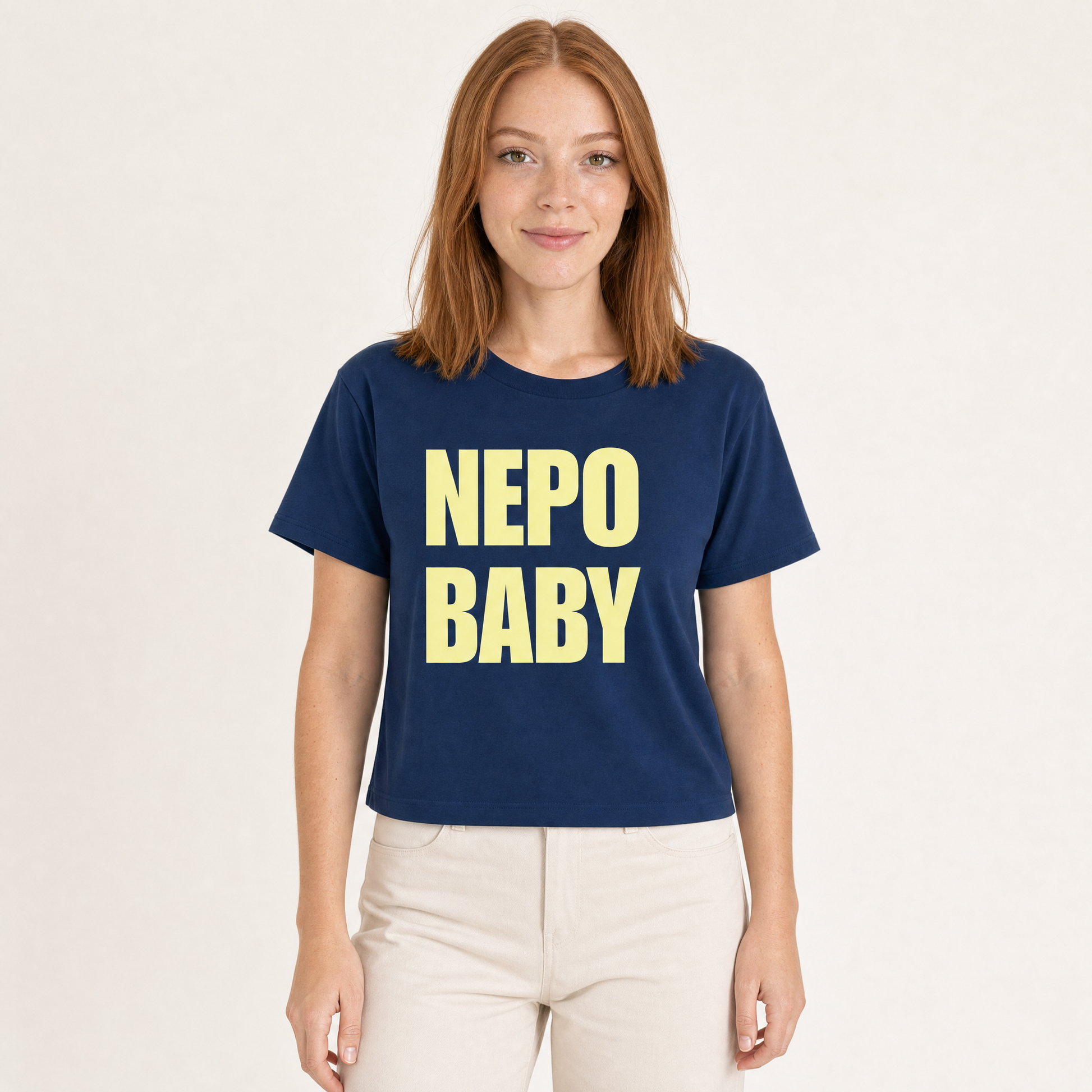 Nepo Baby Baby Tee — Nepo Baby - Navy — front view on model