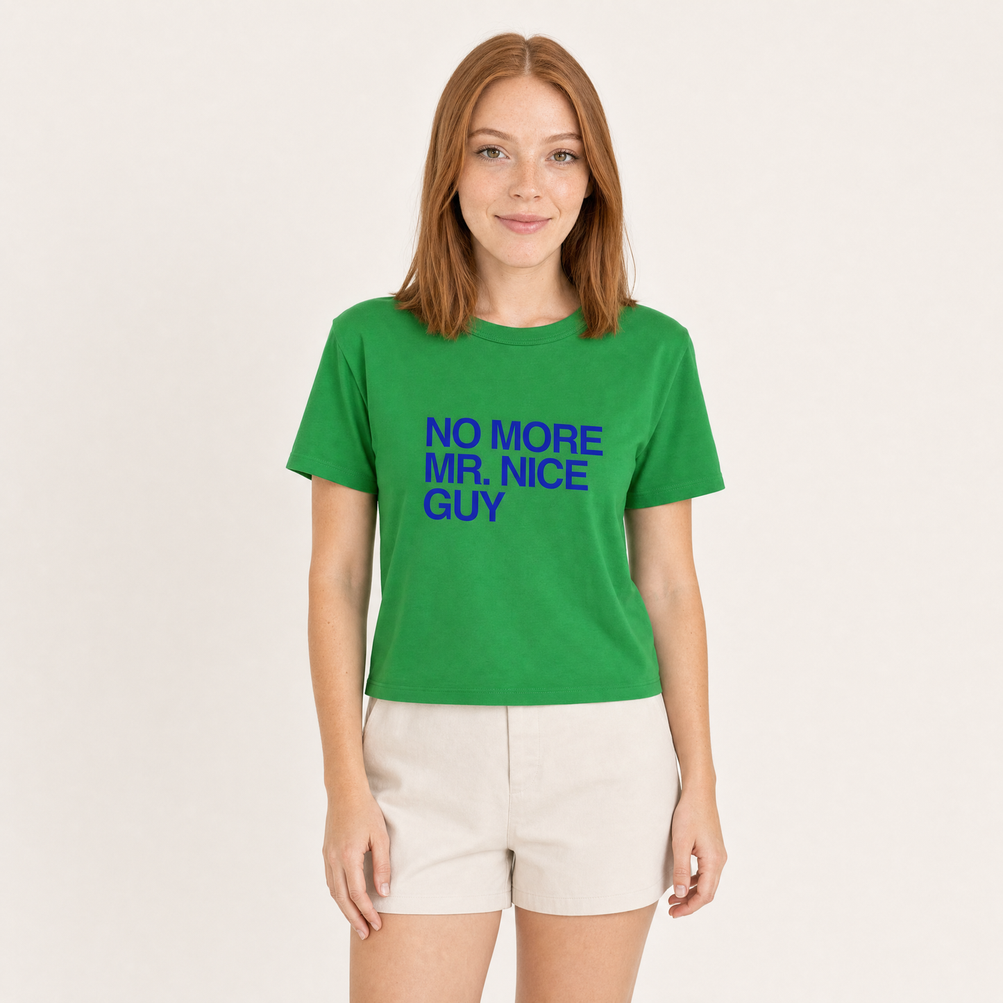 Nepo Baby Baby Tee — No More Mr. Nice Guy - Green — front view on model