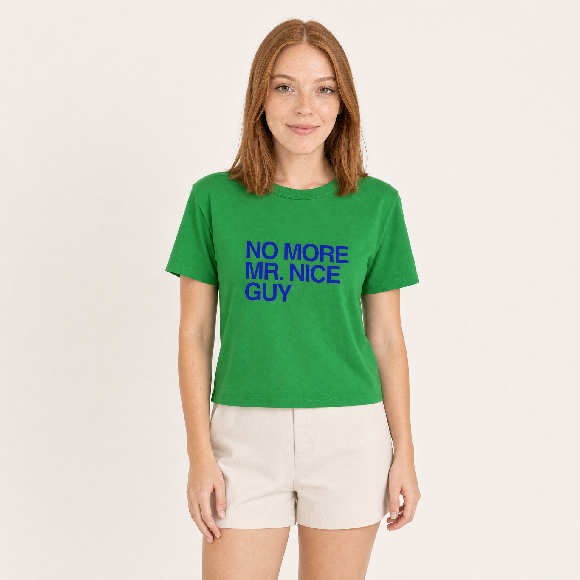 Nepo Baby Baby Tee — No More Mr. Nice Guy - Green — front view on model